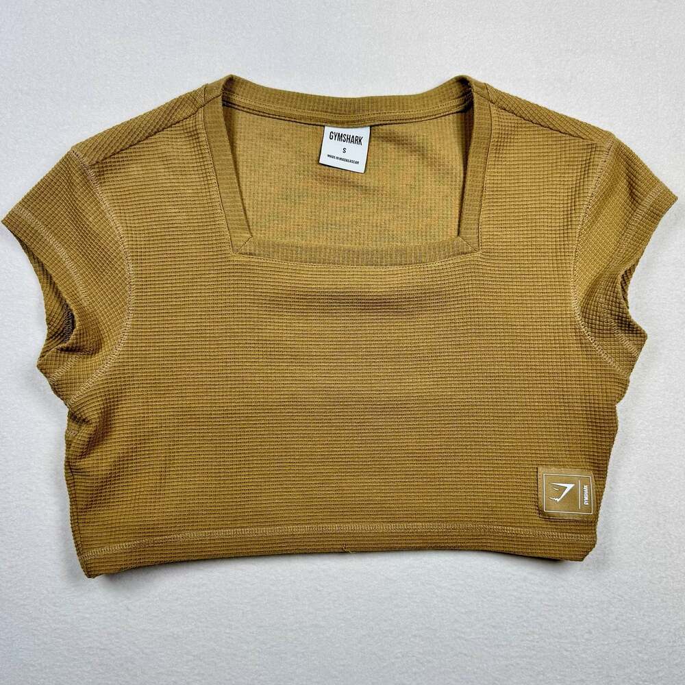 Gymshark Pause Womens Waffle Knit Square Neck Crop Top Dark Khaki Size S